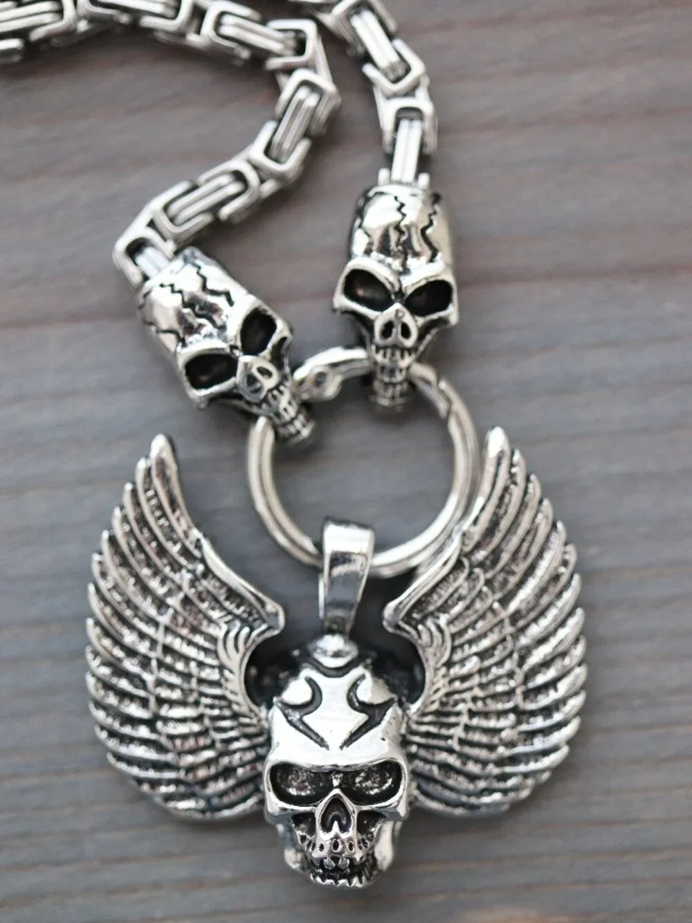 Skull Head Wing Style with Skull Byzantine Chain Necklace Silver Stainless Steel